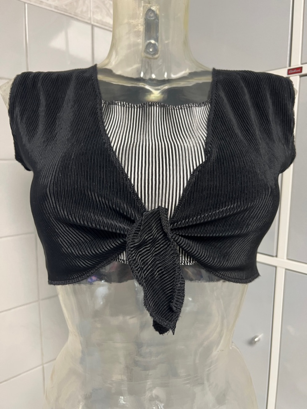 Accordion Micro-Pleat Optical Illusion Tie-Front Crop Top. New